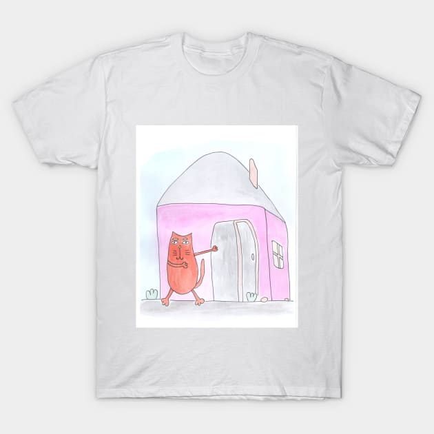 Cat points to the house. Real estate, rent, housewarming. Watercolor illustration humorous. Humor, fun design modern T-Shirt by grafinya